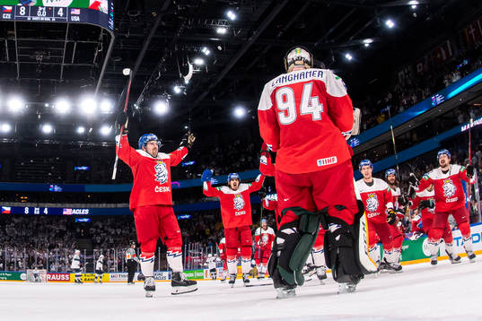 Goaltender Marek Langhamer of Czech Republic celebrate with