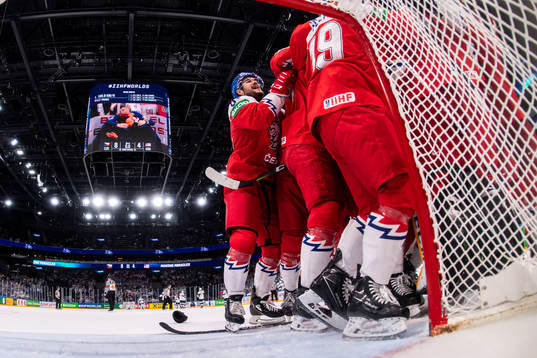 Goaltender Marek Langhamer of Czech Republic celebrate with