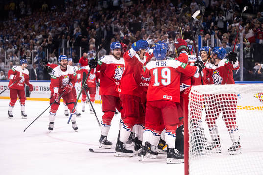 Goaltender Karel Vejmelka  of Czech Republic celebrate with