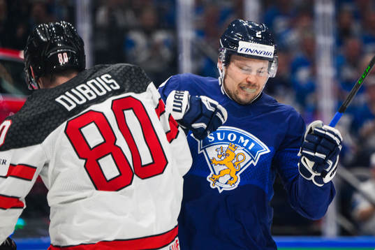 Pierre-Luc Dubois of Canada and Ville Pokka of Finland