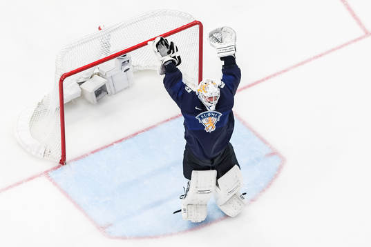 Goaltender Juho Olkinuora of Finland celebrates
