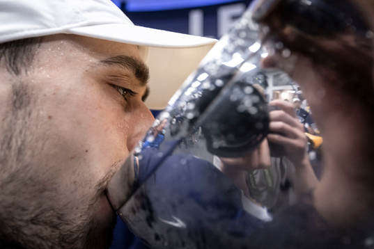 Niklas Friman of Finland celebrate in the locker room