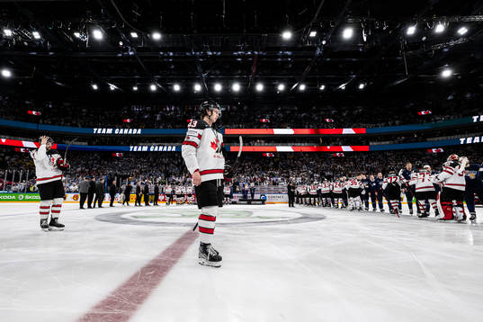 Kent Johnson of Canada looks dejected