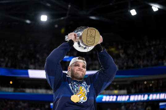 Teemu Hartikainen of Finland celebrates with the trophy