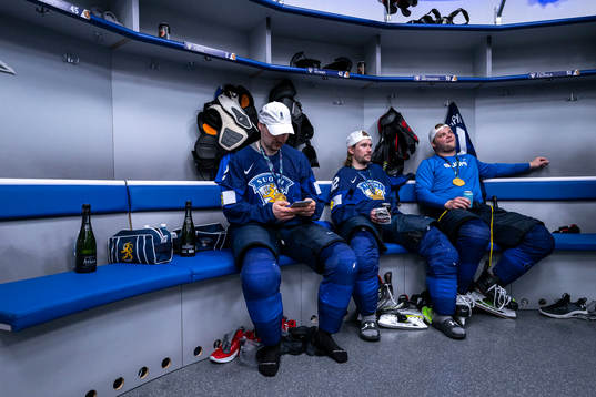 Ville Pokka and Sami Vatanen of Finland celebrate in the