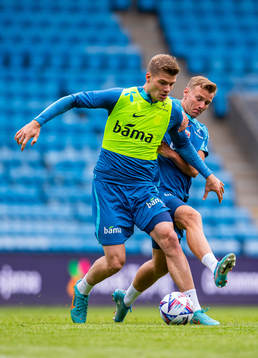 Alexander Sørloth and Marius Lode of the Norwegian