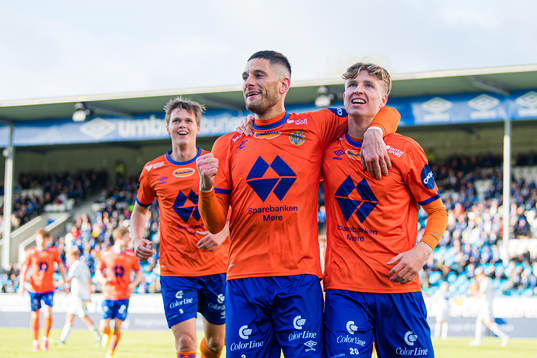 Oscar Solnørdal of Aalesund celebrates with Petar Golubovic
