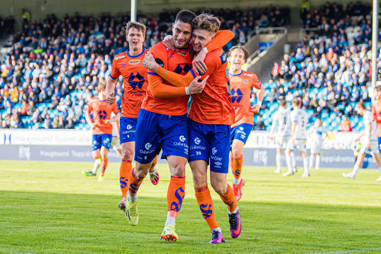 Oscar Solnørdal of Aalesund celebrates with Petar Golubovic