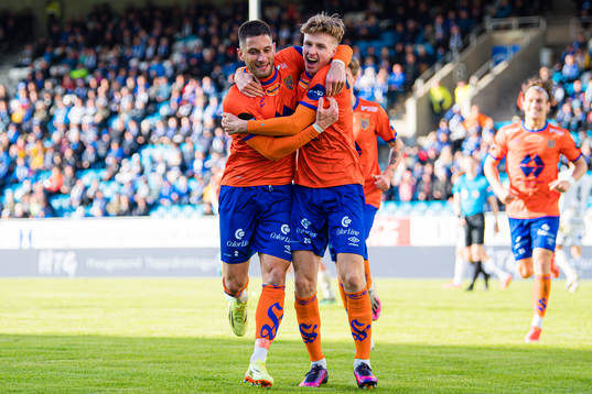 Oscar Solnørdal of Aalesund celebrates with Petar Golubovic