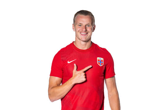 Marius Lode of the Norwegian national football team poses