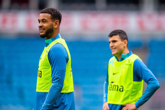 Joshua King and Mohamed Elyounoussi of the Norwegian