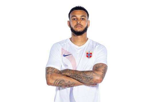 Joshua King of the Norwegian national football team poses