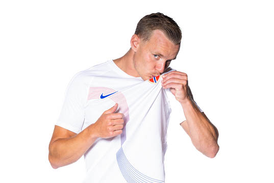 Marius Lode of the Norwegian national football team poses
