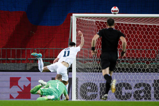 Benjamin Sesko of Slovenia against goalkeeper Robin Olsen