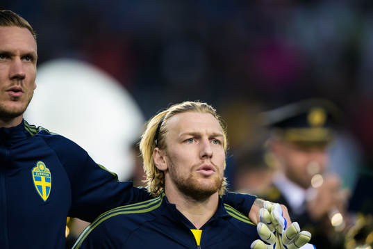 Goalkeeper Robin Olsen and Emil Forsberg of Sweden