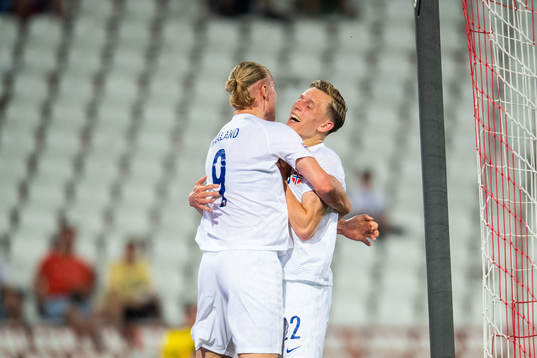 Erling Braut Haaland celebrate with Marcus Holmgren