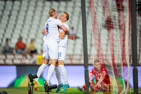Erling Braut Haaland celebrate with Marcus Holmgren