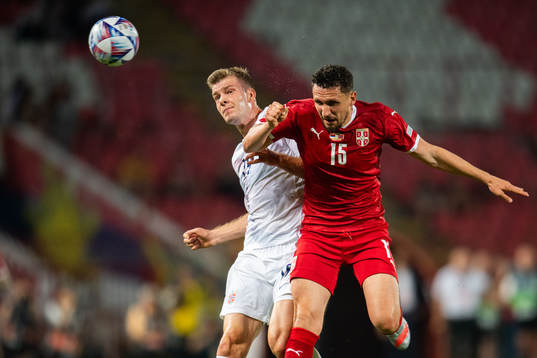 Alexander Sørloth of Norway and Milos Veljković of Serbia