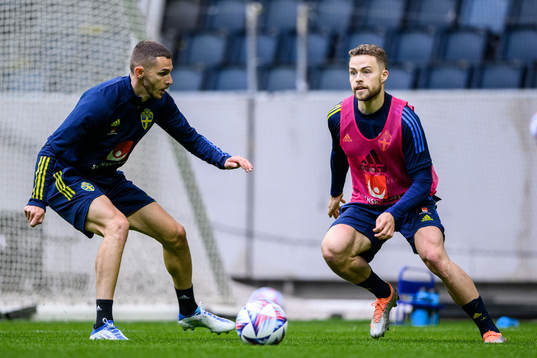 Branimir Hrgota and Gabriel Gudmundsson of the Swedish