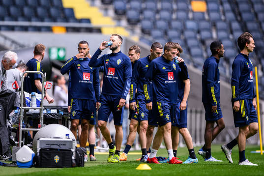 Robin Quaison and Alexander Milosevic of the Swedish