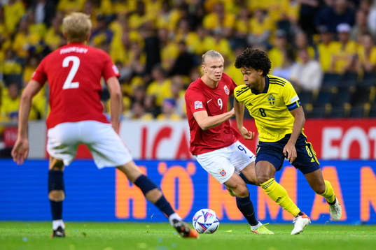 Erling Braut Haaland of Norway and Jens Cajuste of Sweden