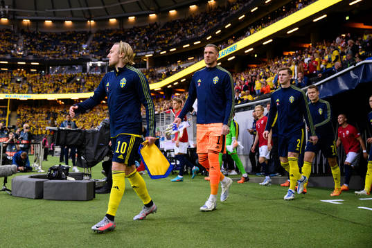 Emil Forsberg, goalkeeper Robin Olsen and Emil Krafth of