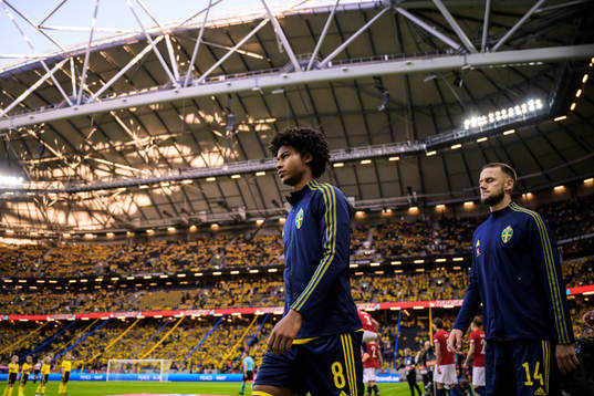 Jens Cajuste and Alexander Milosevic of Sweden enter the