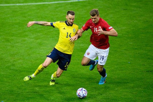 Alexander Milosevic of Sweden and Alexander Sørloth of