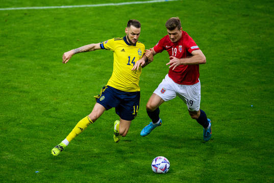 Alexander Milosevic of Sweden and Alexander Sørloth of