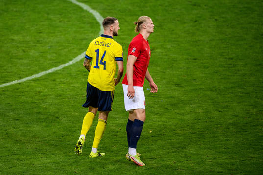Alexander Milosevic of Sweden and Erling Braut Haaland of