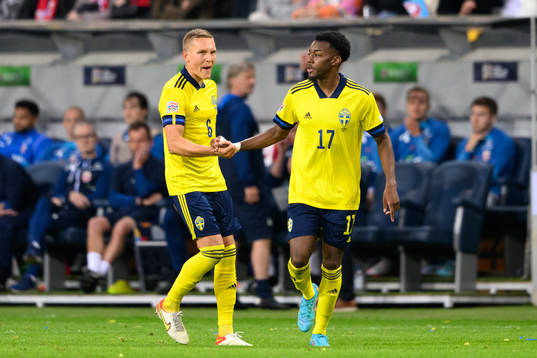 Ludwig Augustinsson and Anthony Elanga of Sweden