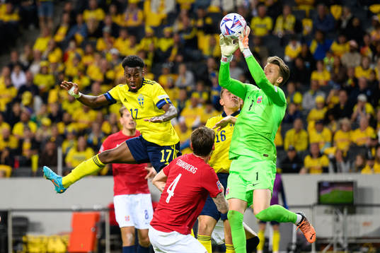 Anthony Elanga of Sweden and Goalkeeper Ørjan Håskjold