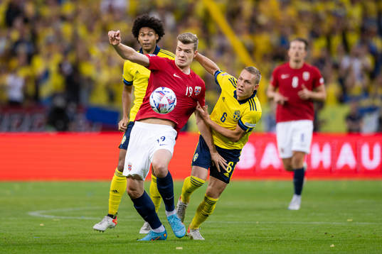 Alexander Sørloth of Norway against Ludwig Augustinsson