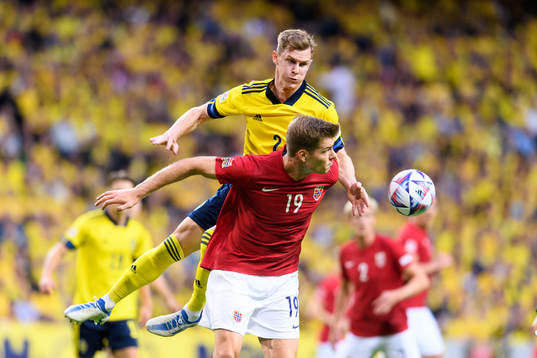 Emil Krafth of Sweden and Alexander Sørloth of Norway