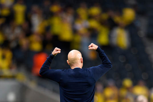 Ståle Solbakken, head coach of Norway, celebrates