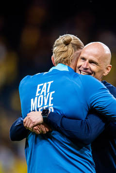Ståle Solbakken, head coach of Norway, celebrates with