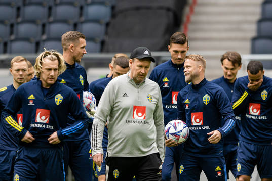 Goalkeeper Robin Olsen and Daniel Sundgen of the Swedish
