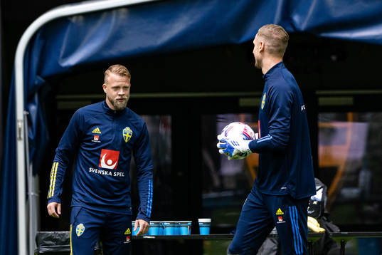 Daniel Sundgren and goalkeeper Robin Olsen of the Swedish