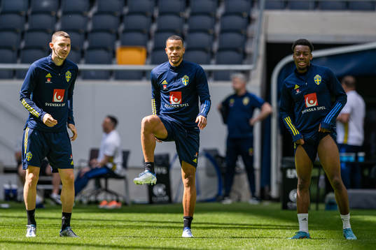 Branimir Hrgota, Robin Quaison and Anthony Elanga of the