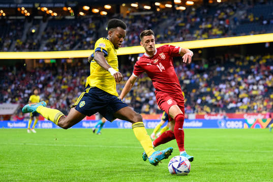 Anthony Elanga of Sweden and Aleksa Terzic of Serbia