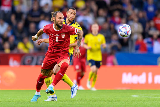 Nemanja Gudelj of Serbia and Robin Quaison of Sweden