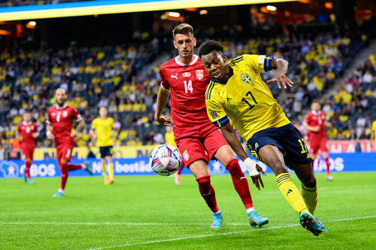 Aleksa Terzic of Serbia and Anthony Elanga of Sweden