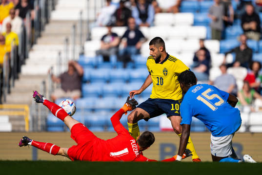 Rami Al Hajj of Sweden and goalkeeper Alessandro Plizzari