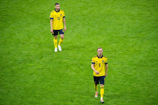 Edvin Kurtulus and Joel Andersson of Sweden look dejected