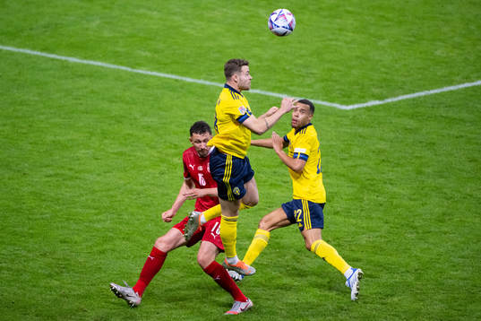 Milos Veljkovic of Serbia and Gabriel Gudmundsson and Robin