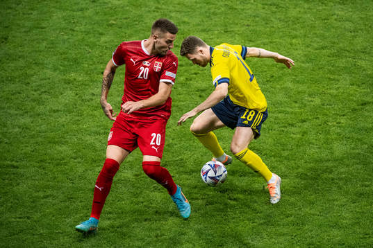 Sergej Milinkovic-Savic of Serbia and Gabriel Gudmundsson
