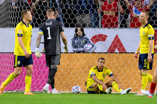 Robin Quaison of Sweden looks dejected