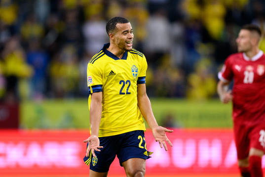 Robin Quaison of Sweden reacts