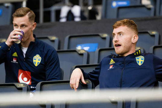 Emil Krafth and Dejan Kulusevski of Sweden in the stands
