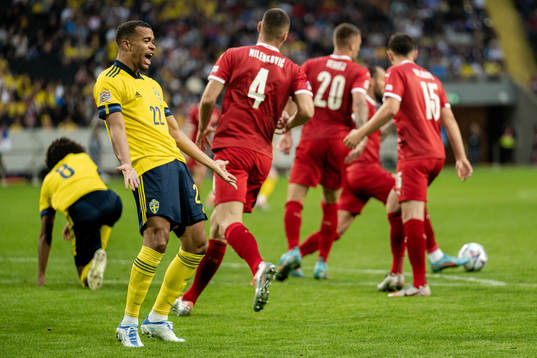 Robin Quaison of Sweden reacts